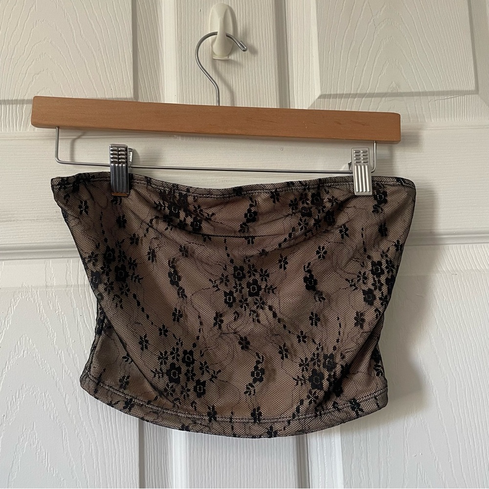 Strapless Black Floral Lace Overlay Tube Top - Nude Underlay